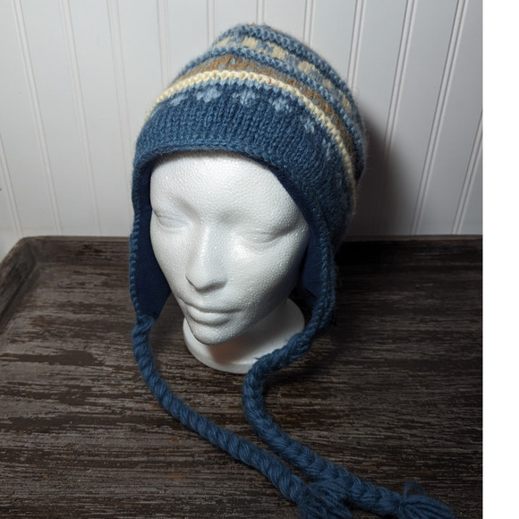 Everest Designs Women's Blue Tan 100% Wool Shell Fleece Lined Winter Hat - Picture 1 of 6